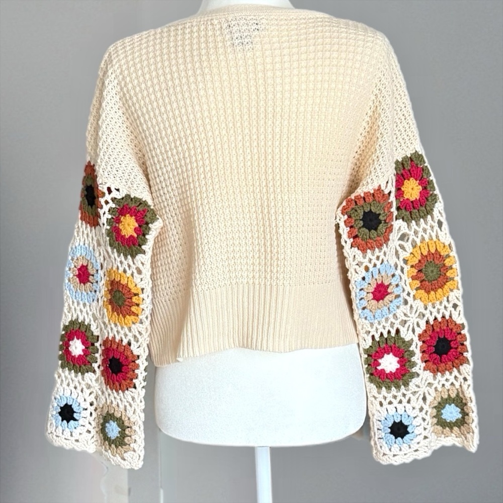 Boho Crochet Granny Square Sleeve Cardigan Cream Open Knit Sweater Size Small - Picture 3 of 16